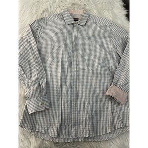 Johnston & Murphy mens baby blue check button up shirt Large statement detail